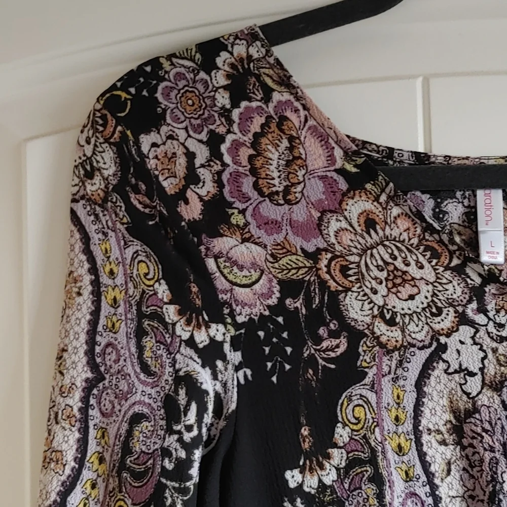 Exhilaration Stunning black and flower pattern dress long sleeve elastic Dress - Picture 7 of 12